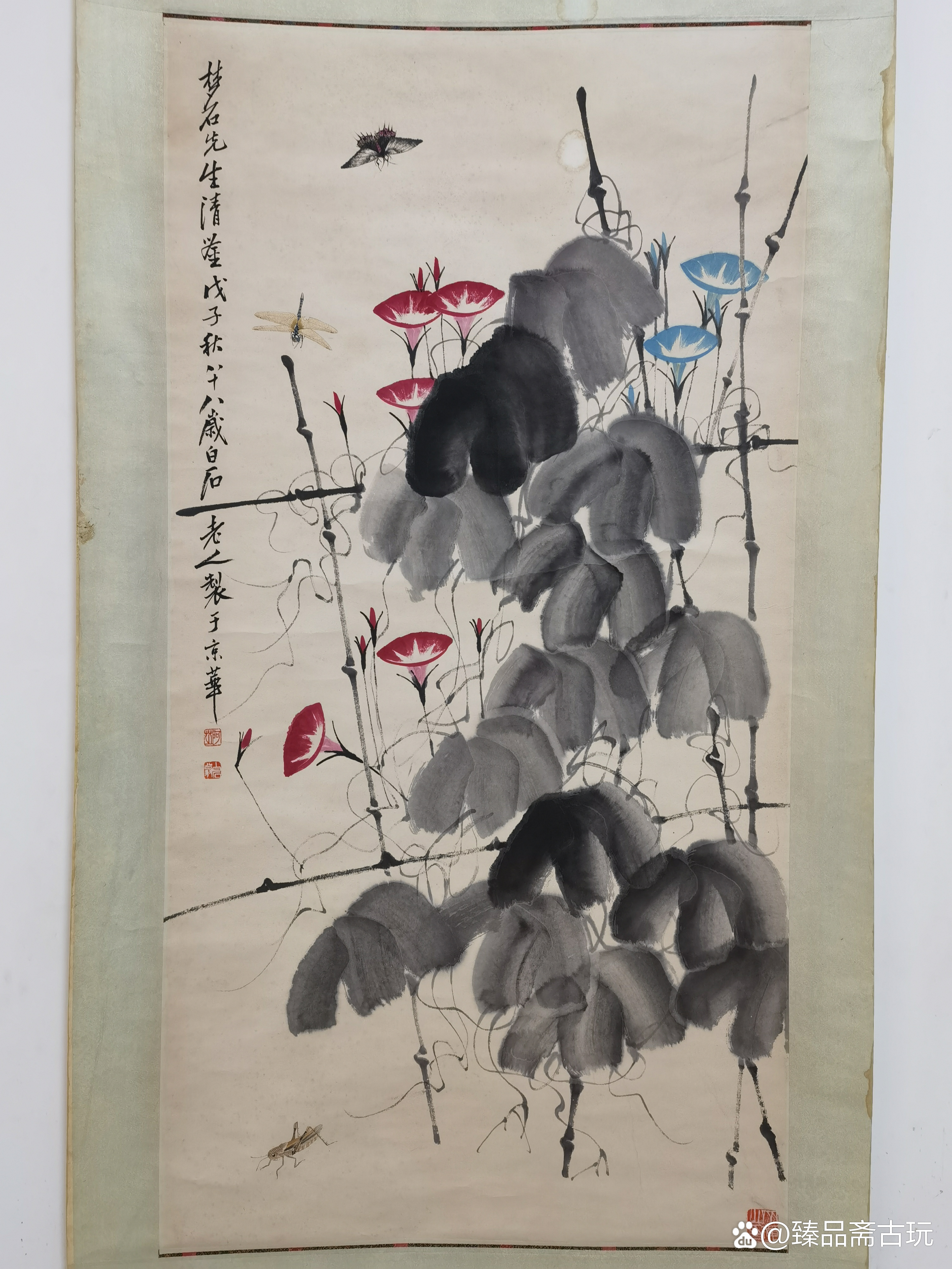 民国•齐白石【牵牛花虫草图】:画芯66x128cm,原装老裱.