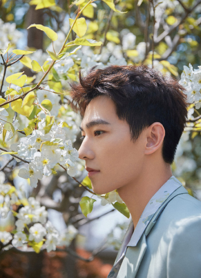 浅绿色西装#杨洋 最新造型,浅绿色西装套装搭配浅色印花衬衫,清新帅气