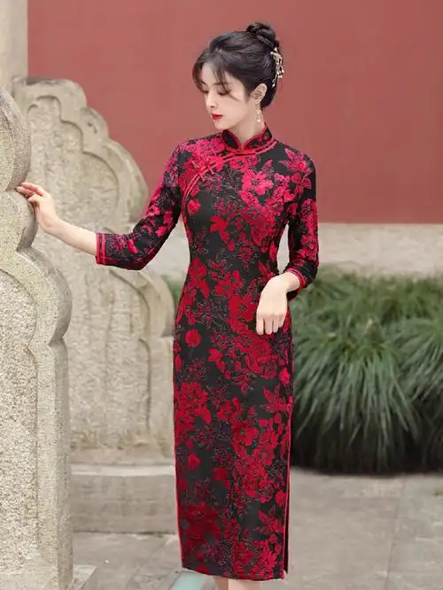 秋冬丝绒提花长袖旗袍