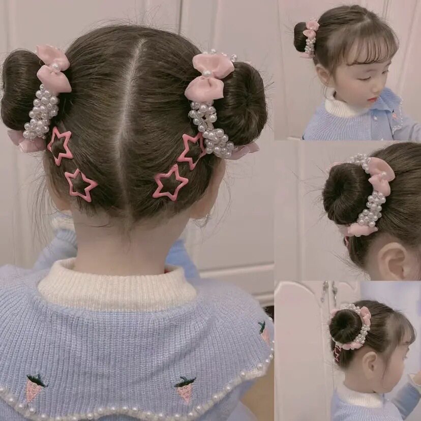 甜美儿童丸子头蝴蝶结珍珠发圈小女孩饰品可爱女生发饰粉色头饰