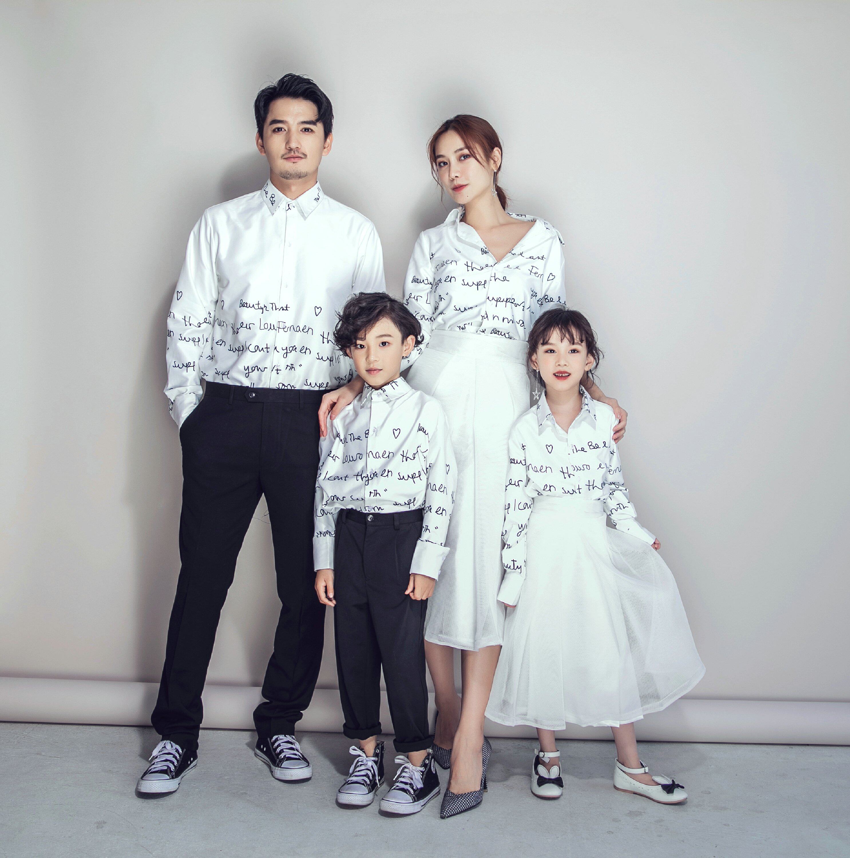 新款一家主题拍照四口摄影亲子全家福影楼亲子装亲子装