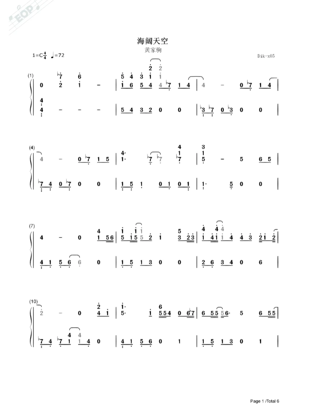 《海阔天空》简谱