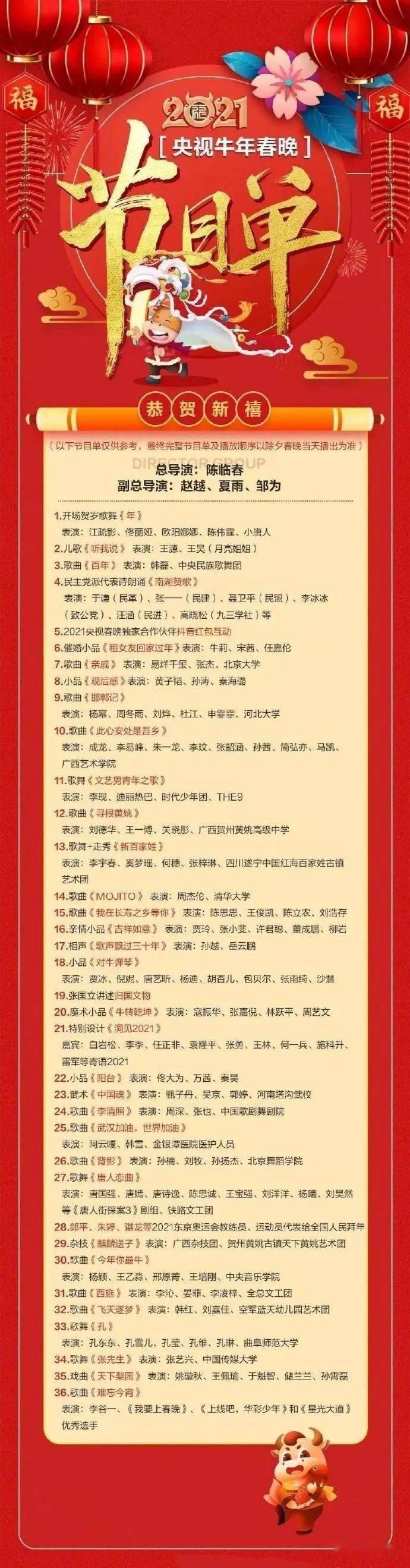 2021央视牛年春晚节目单