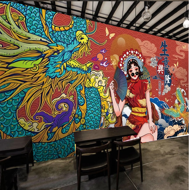 国风贴画壁画国潮风墙面装饰墙贴贴纸饭店国风墙面墙纸自粘中国风墙画