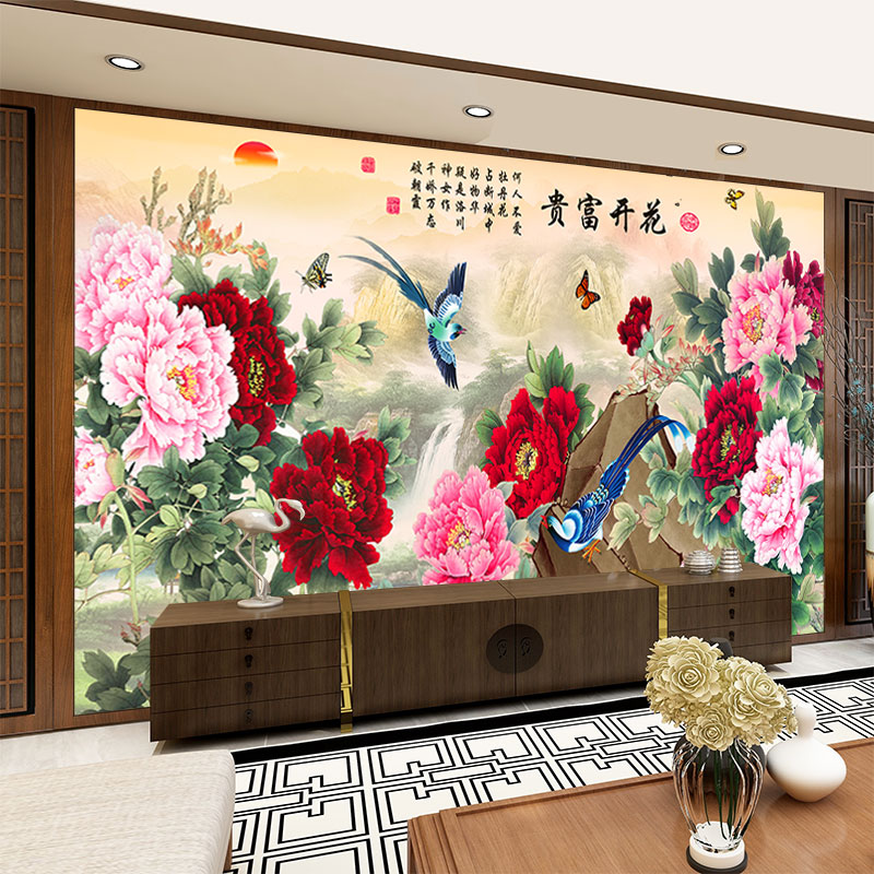 鸿赞 牡丹电视墙18d凹凸立体壁画客厅花开富贵墙布影视墙定制壁布欧式