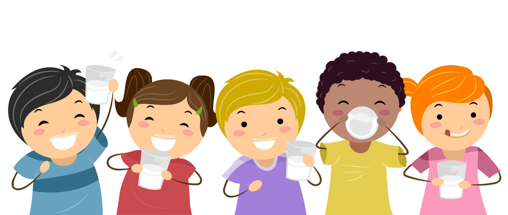 奶孩子,孩子们快乐地喝牛奶的插图