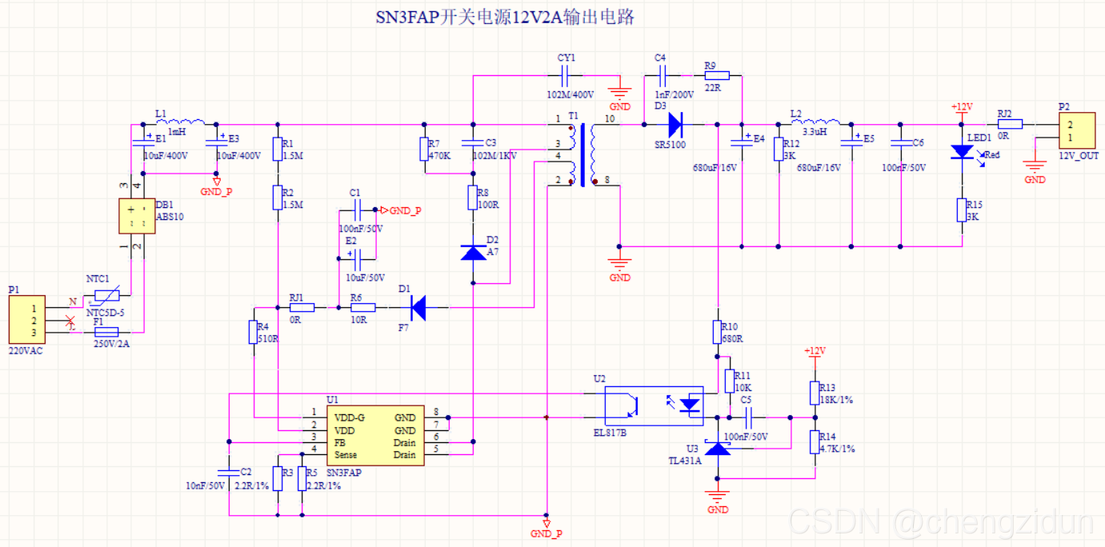 sn3fap反激式开关电源12v2a输出电路