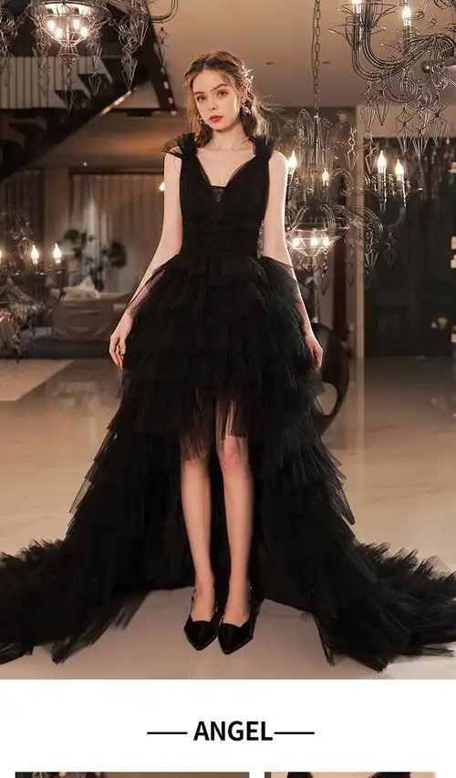 妲菲妮黑色婚纱宴会年会舞台演出走秀主持人晚礼服黑色xxl