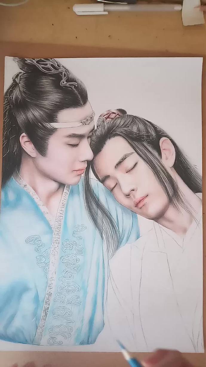 陈情令肖战王一博忘羡cp手绘画素描彩铅人像画绘画视频教程