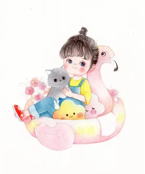 鱼兮原创水彩手绘儿童插画——海边度假的小女孩