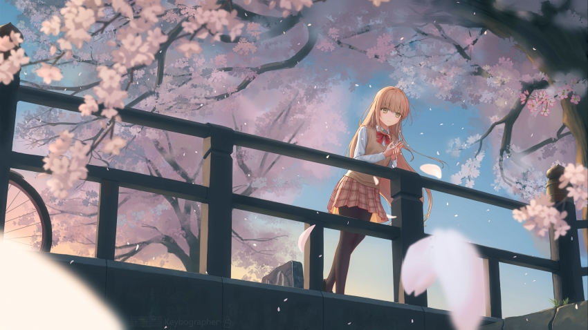 动漫少女樱花栏杆花瓣风景4k壁纸3840x2160