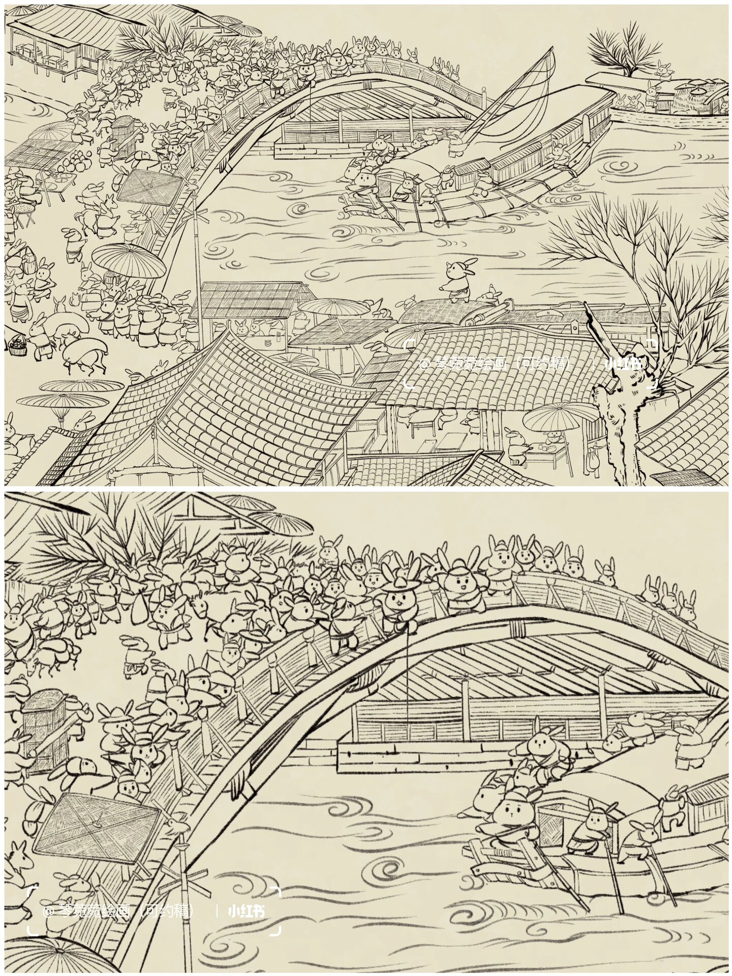 这个线稿总算画完了/兔兔清明上河图