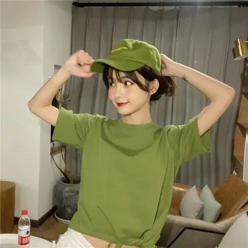 短款短袖t恤女ins潮韩版港风简约心机小众设计感露脐高腰上衣 绿色 l