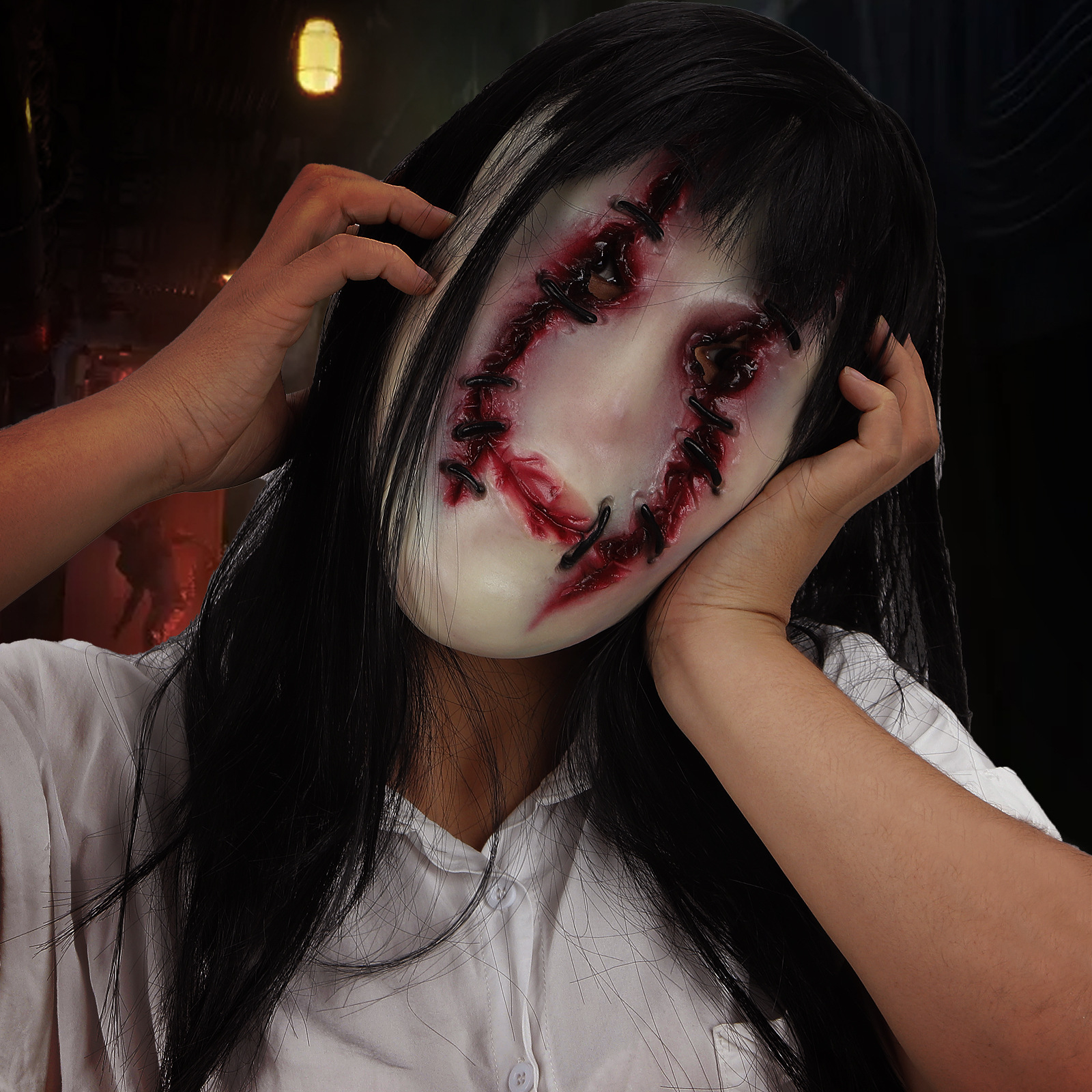 鬼屋恐怖人脸缝针伤疤裂口女鬼面具恶魔万圣节贞子头套丧僵尸怪兽