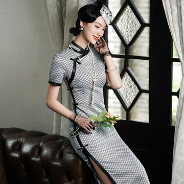 新款旗袍复古民国风少女改良年轻款旗袍连衣裙格子开叉宴会礼服
