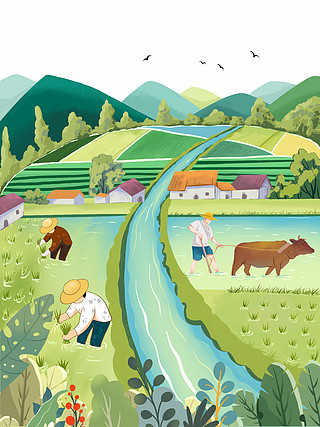 乡村振兴美丽新农村自然风光插画