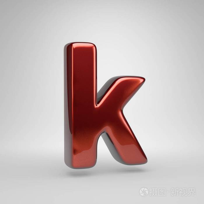 三维字母k小写白色背景中分离出的红色有光泽的金属字母