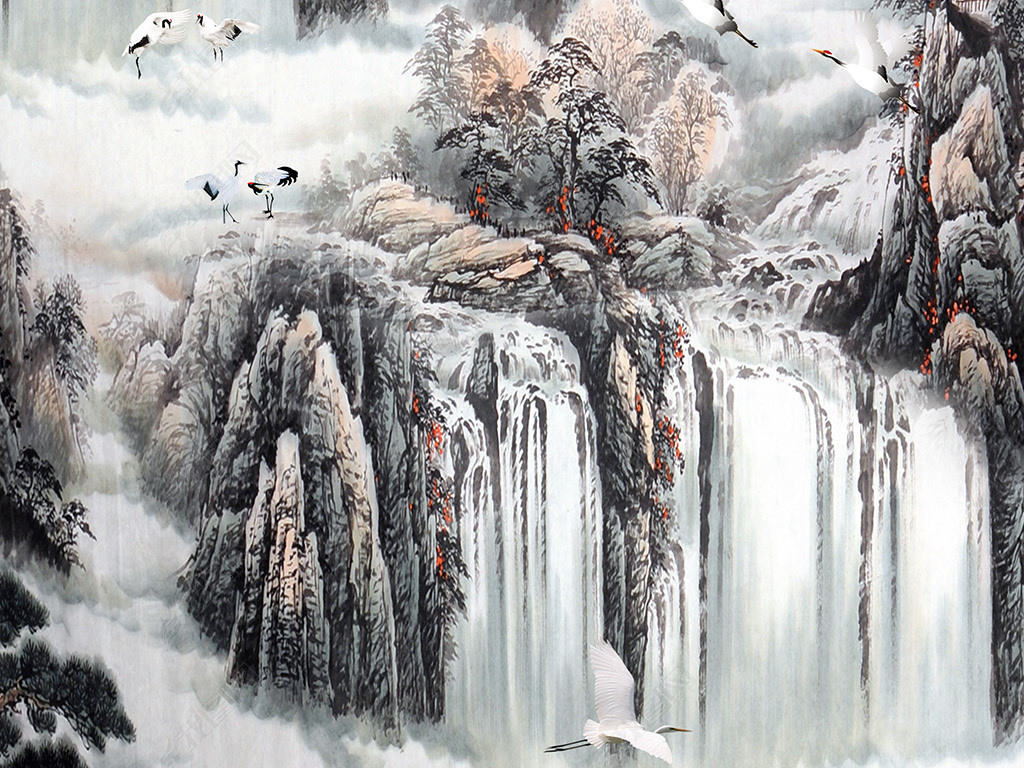 江山多娇山水画水墨画中式玄关