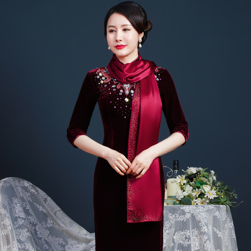 红色高端醋酸旗袍披肩婚礼妈妈喜婆婆婚宴长款围巾