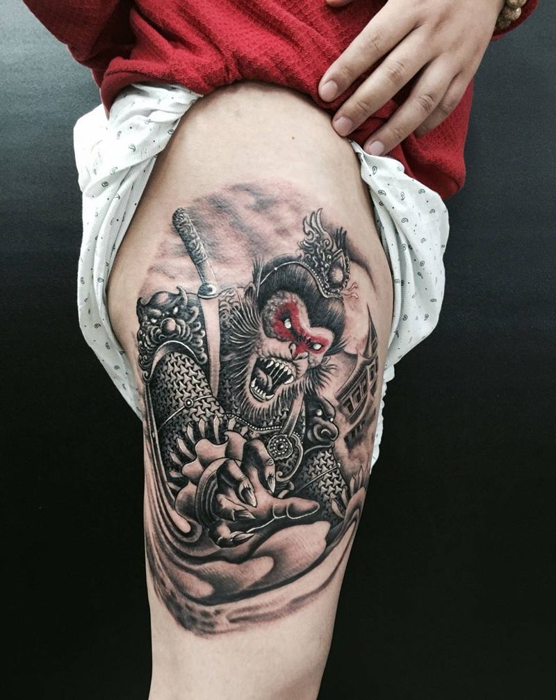 齐天大圣纹身图片_成品腿部传统人物齐天大圣纹身图案