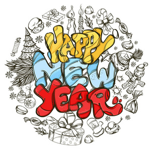 和新年符号绘制的手绘轮廓图中国狮舞中国新年海报设计中国文字释义