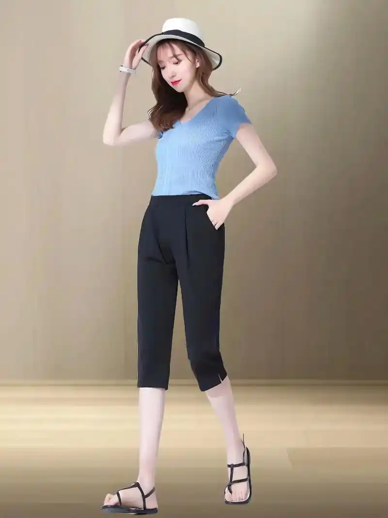 冰丝七分裤女夏季薄款高腰弹力宽松大码显瘦