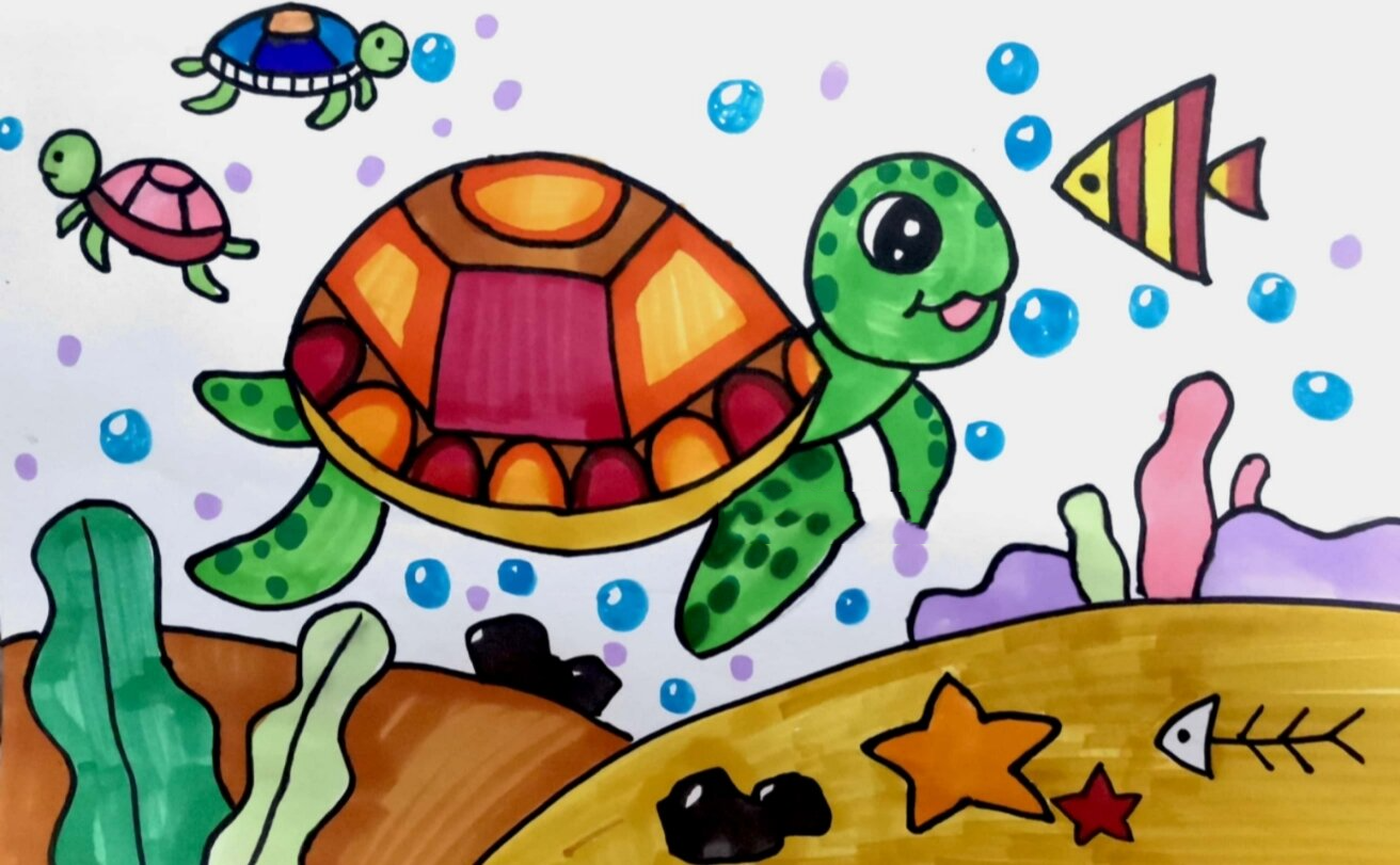 海底世界 海龟简笔画 儿童创意画