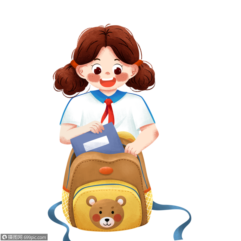 女孩整理书包上学小学生开学季