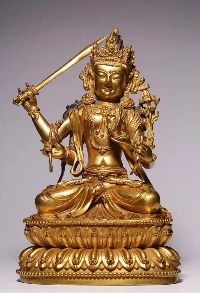 明代,"大明永乐年施"铜鎏金文殊菩萨坐像.高26厘米,长16 - 抖音