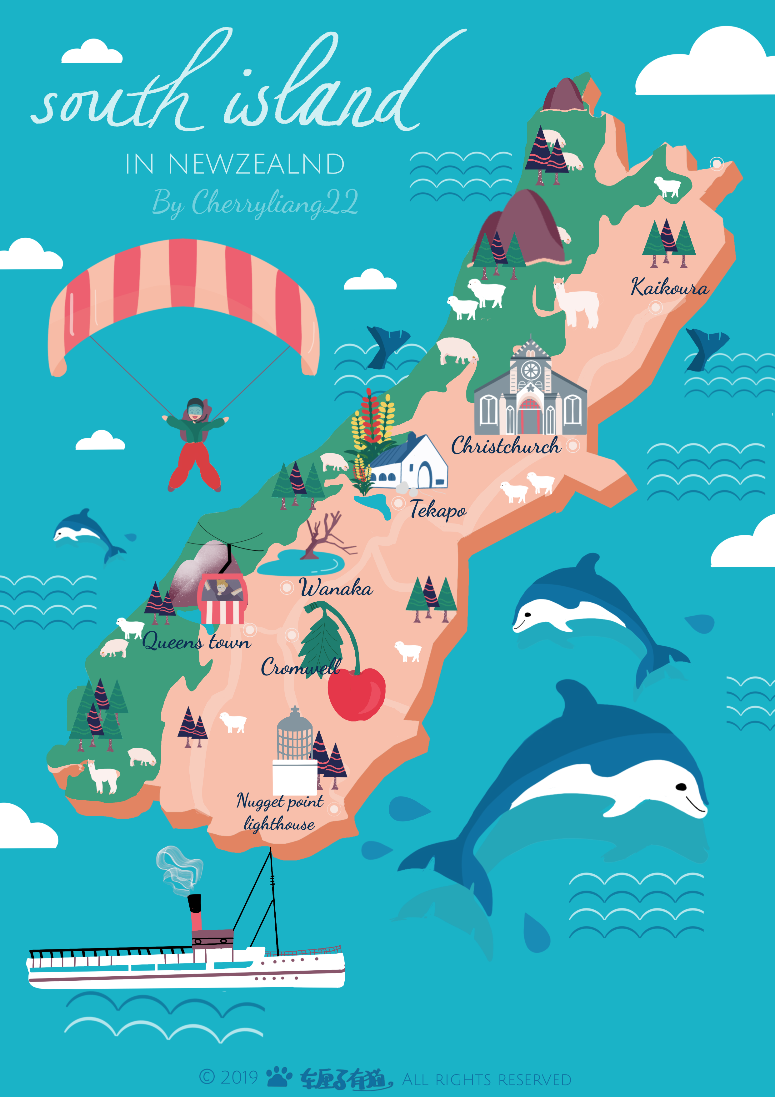 新西兰南岛旅行地图插画