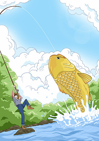 手绘插画旅游钓鱼海报背景素材可加文字