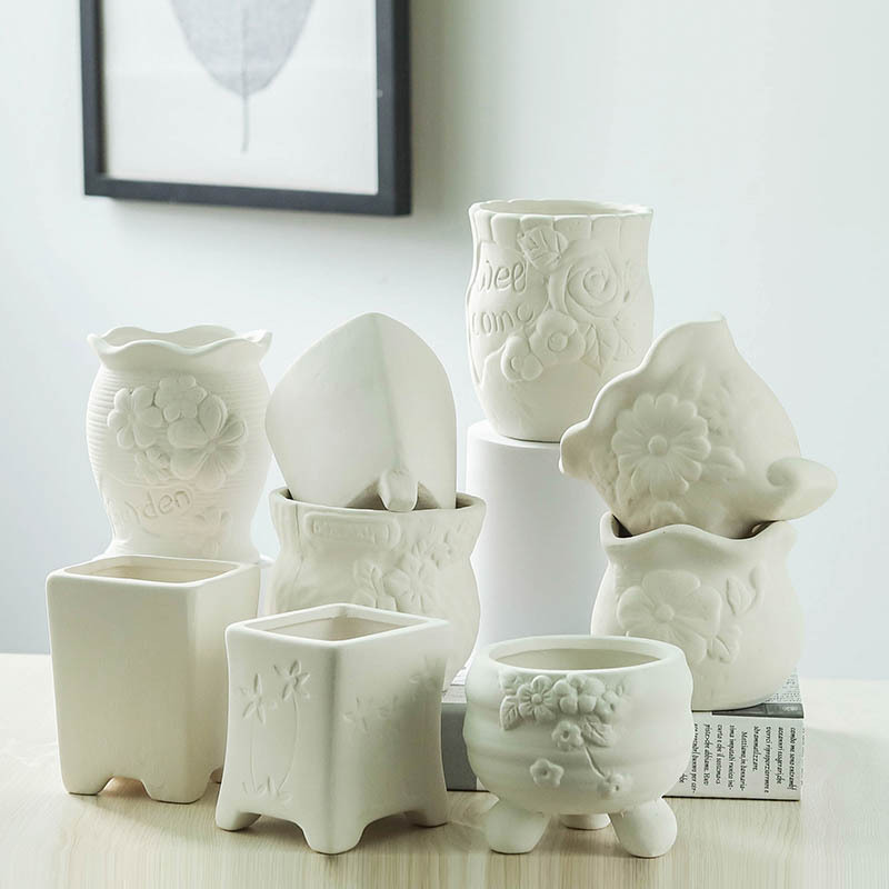 儿童陶艺涂鸦画陶瓷彩绘素坯白色花盆手工制作材料diy上色非石膏