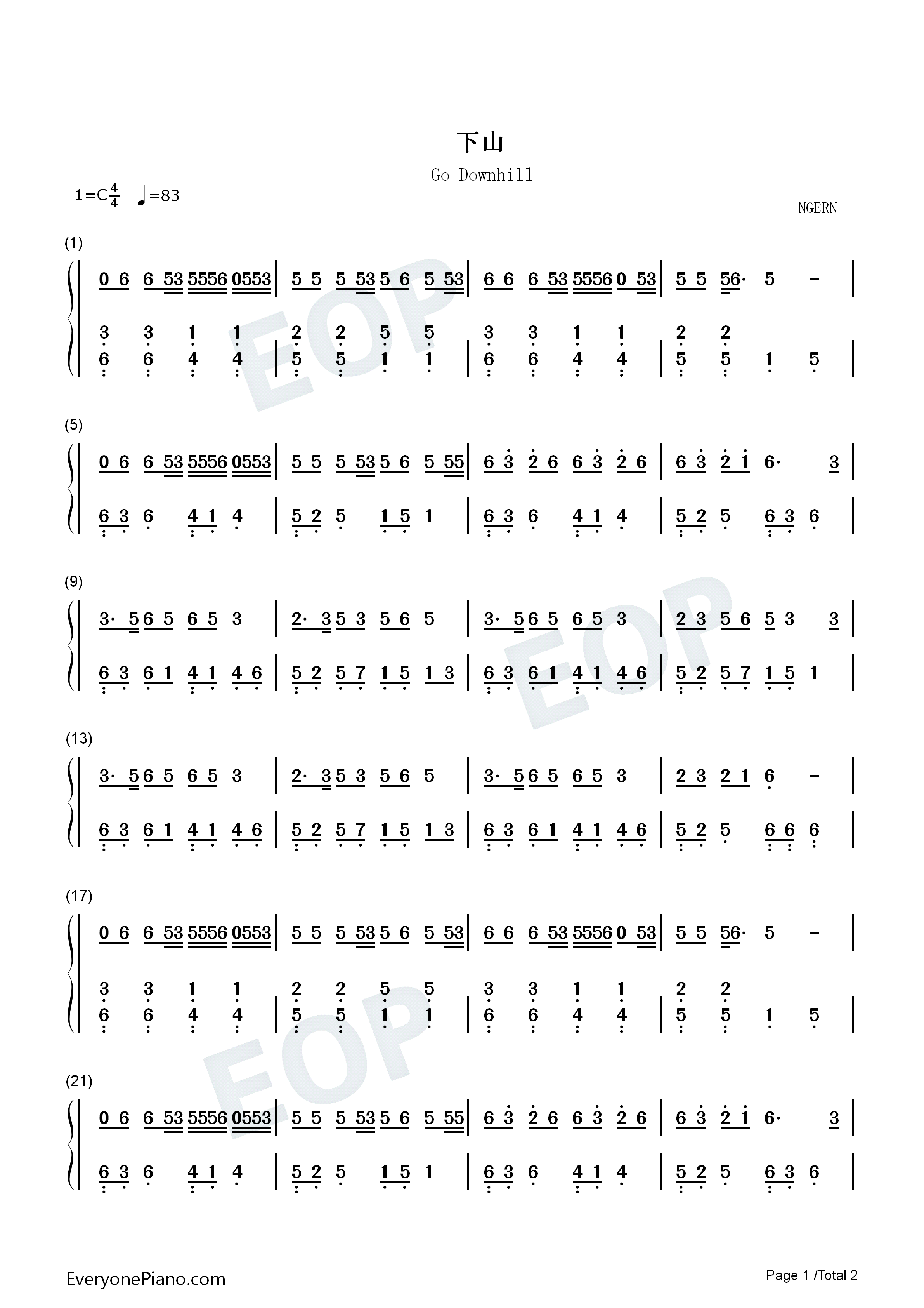 下山-c调简单版-钢琴谱文件(五线谱,双手简谱,数字谱,midi,pdf)免费