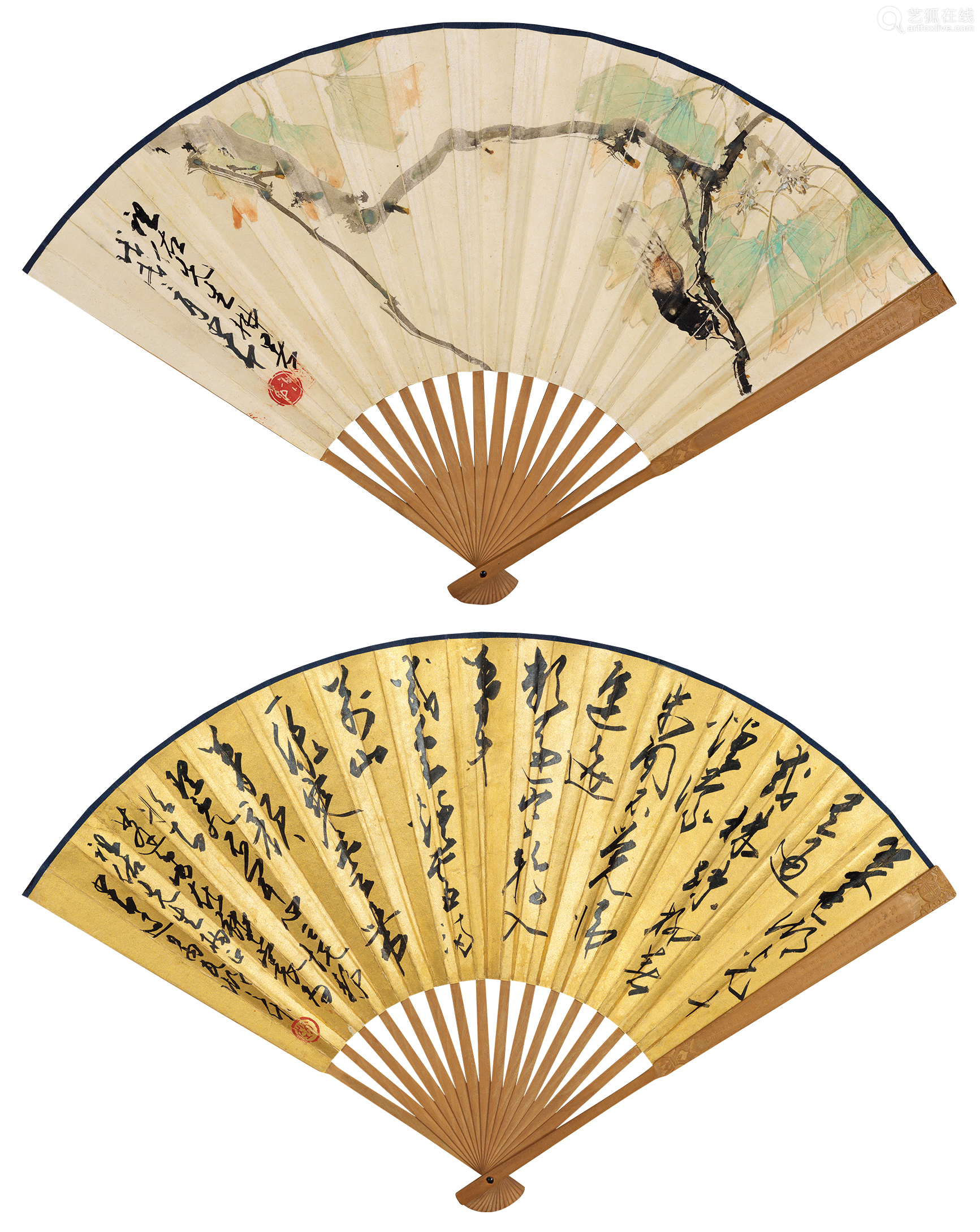 赵少昂190519981958年作夏荫鸣蝉草书七言诗成扇设色纸本