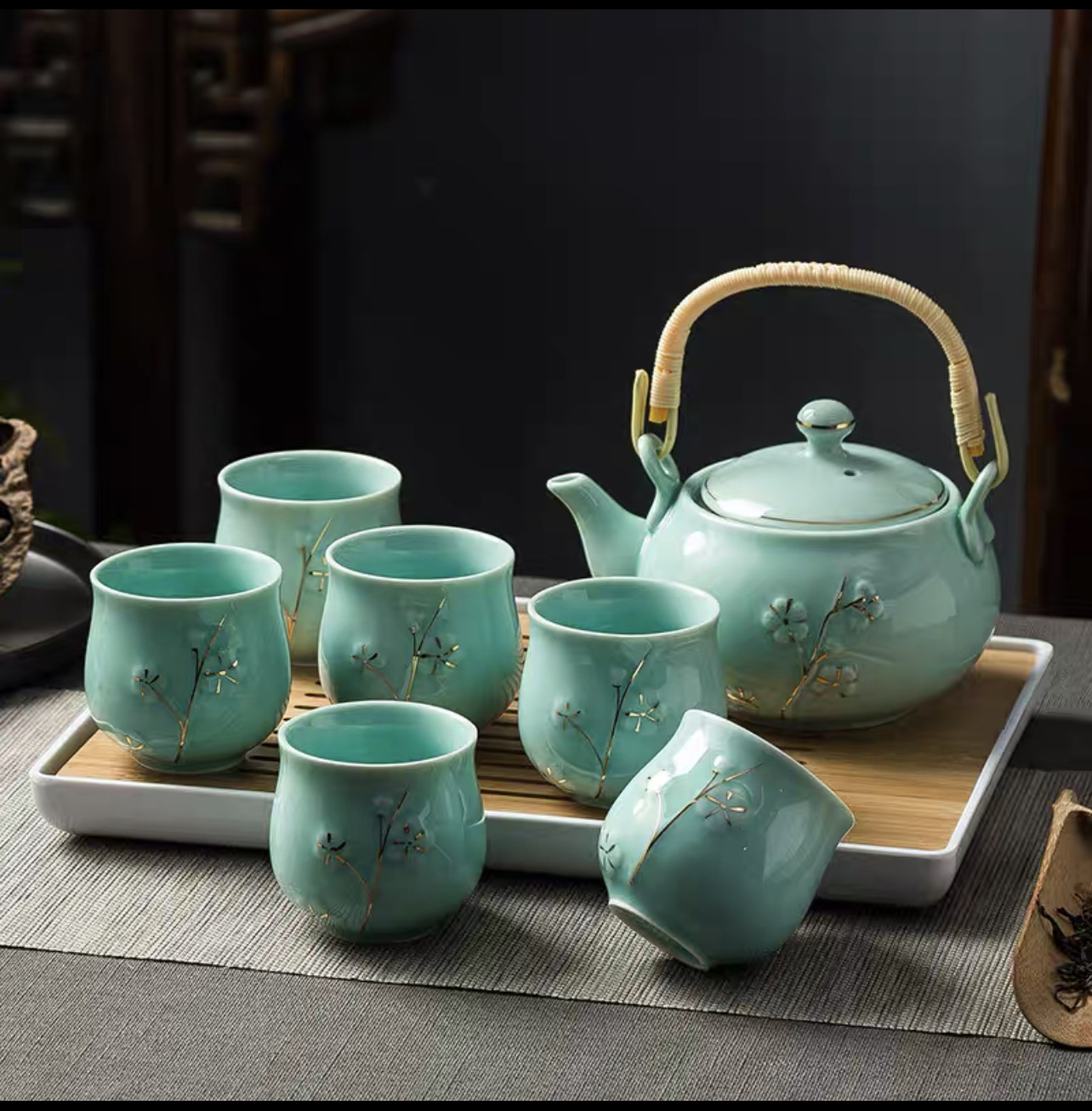 提梁壶茶具套装家用陶瓷景德镇手工描金大号茶壶茶杯简约送礼托盘