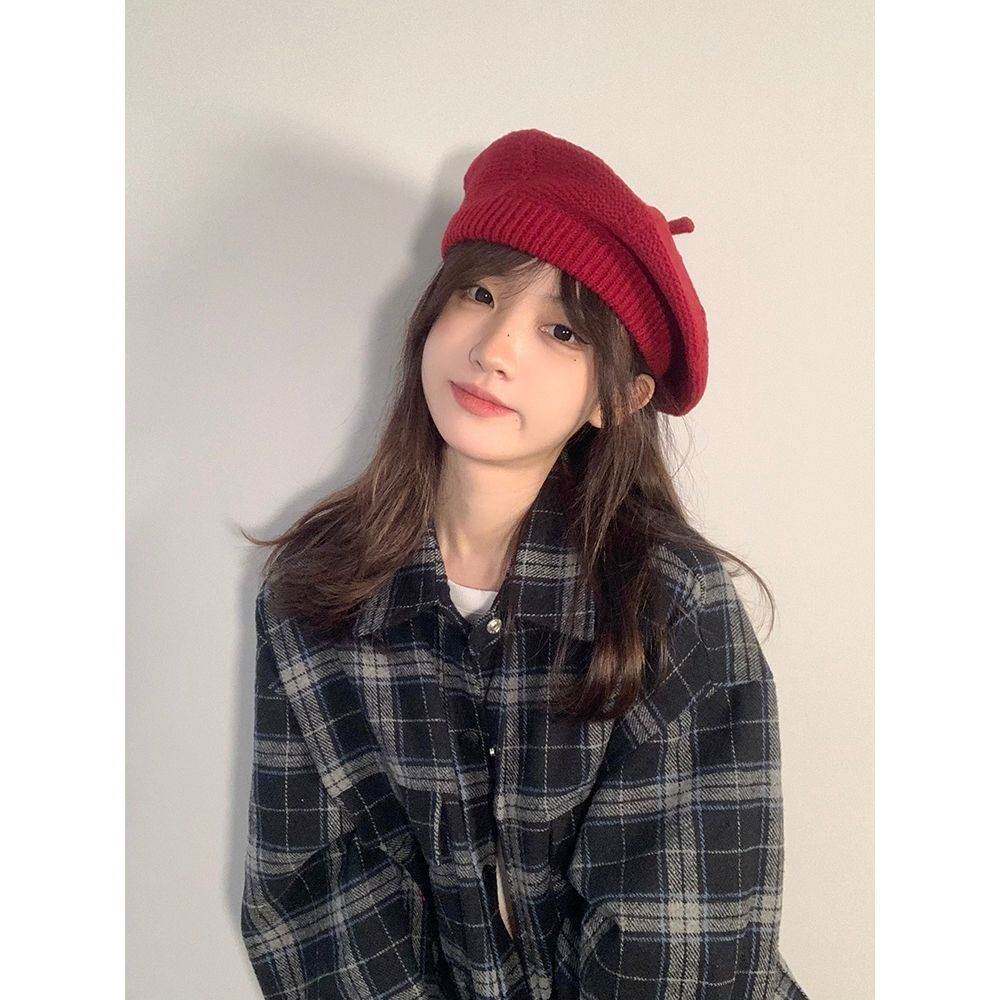 韩版ins酒红色针织贝雷帽女秋冬网红百搭纯色毛线帽蓓蕾帽子潮
