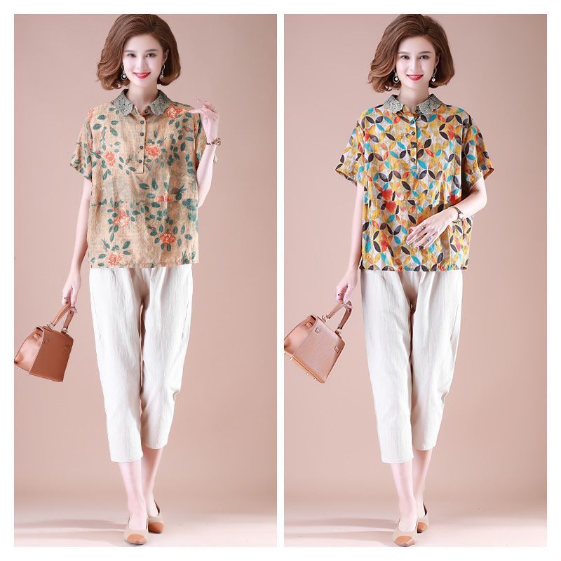 中年妈妈夏装棉麻短袖衬衫中老年套装女印花t恤上衣两件套40岁50