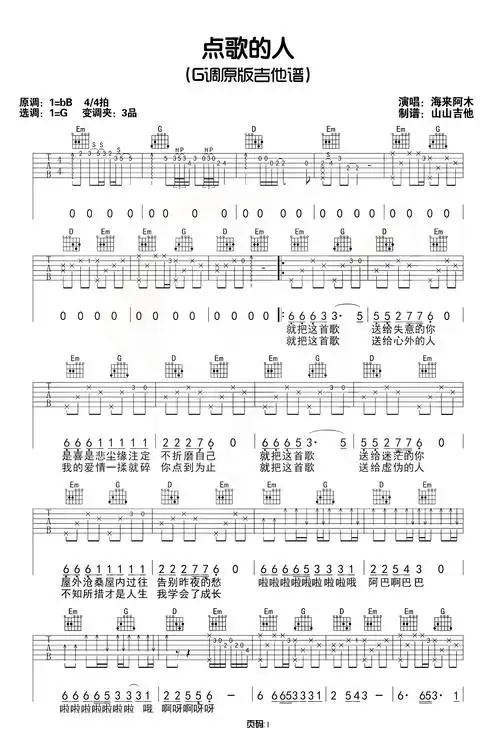海来阿木《点歌的人》吉他谱