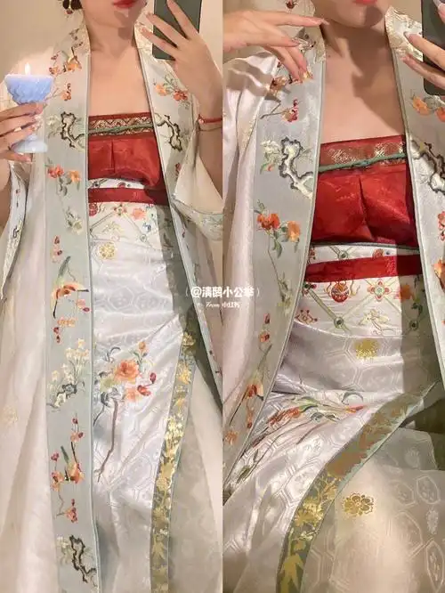 衣缘绣有花鸟的图案最特别是这个两片裙月白和浅青瓷色相叠穿着大概到