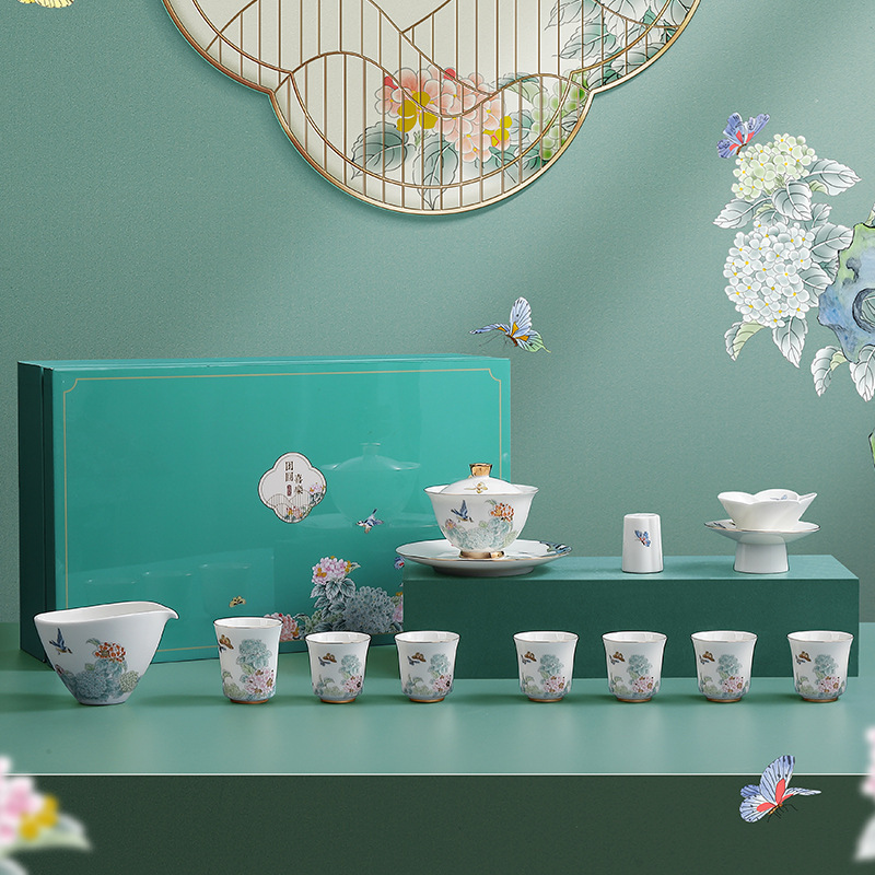 羊脂玉白瓷整套描金盖碗功夫茶具套装陶瓷茶器礼品礼盒装印制logo