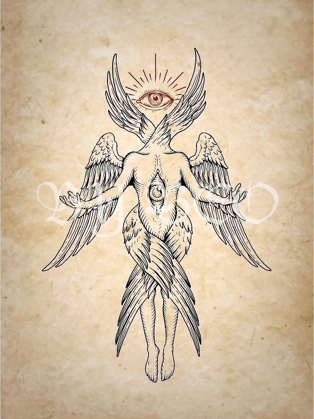 原创手稿六翼天使版画风格天使纹身