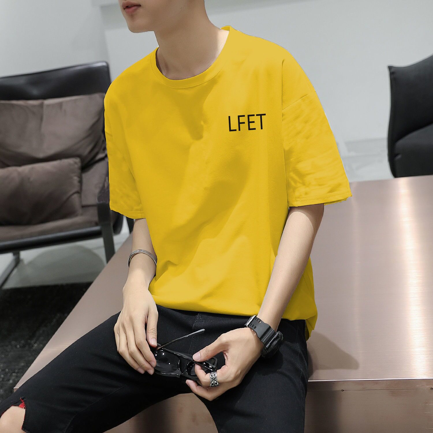 夏季短袖t恤男学生韩版宽松五分袖青少年纯棉帅气百搭衣服男潮流