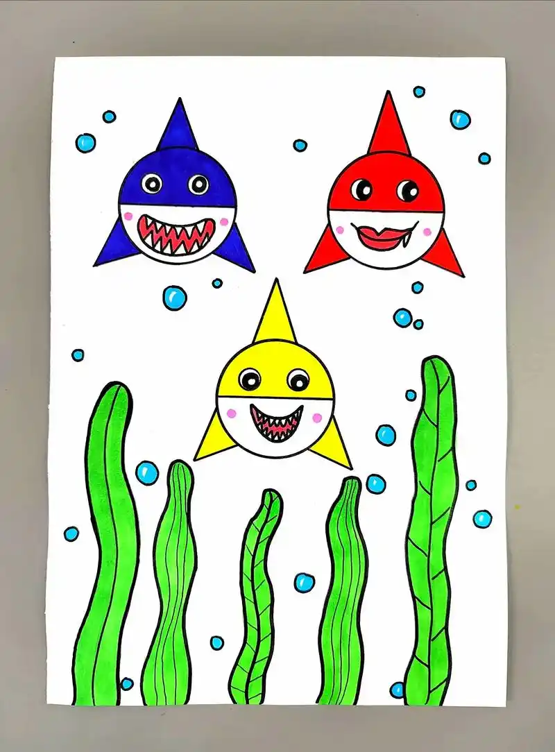 教你用圆形画《鲨鱼一家》,简单好看,幼儿园小朋友也能独立完成 - 抖