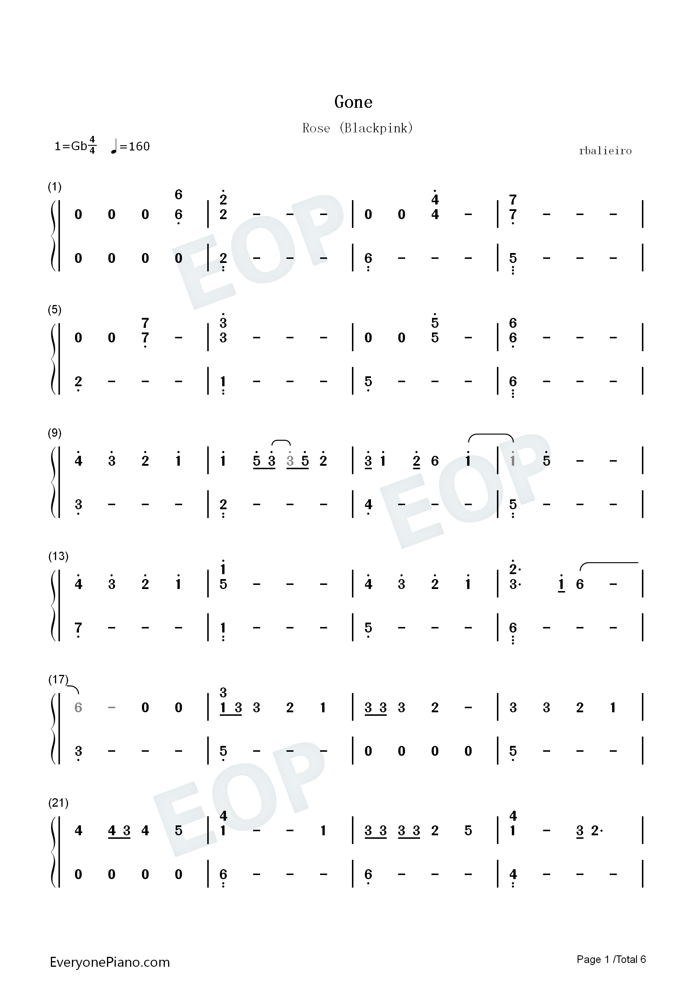 gone-rosé-blackpink-钢琴谱文件(五线谱,双手简谱,数字谱,midi,pdf)