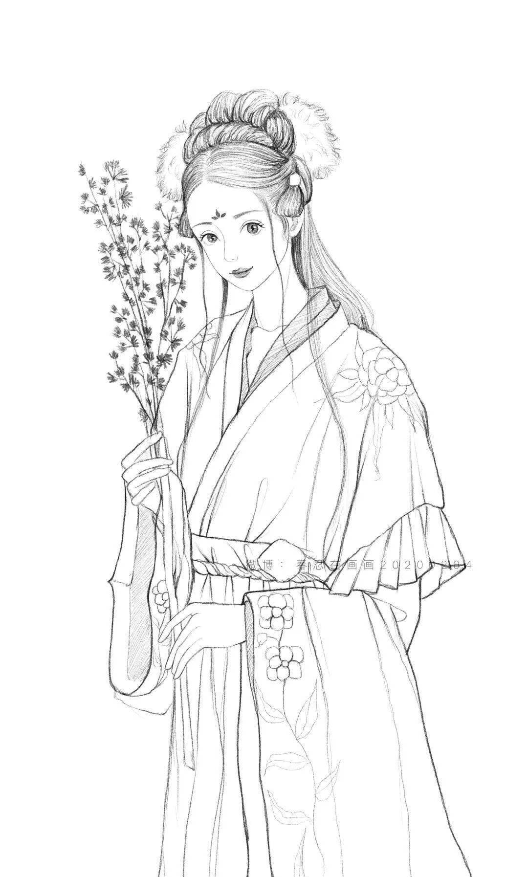 古风汉服人物手绘线稿120张效果图线稿合集