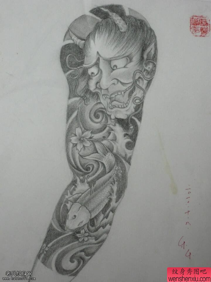 文身秀图吧推荐一幅黑灰花臂般若文身手稿作品 - 纹身秀