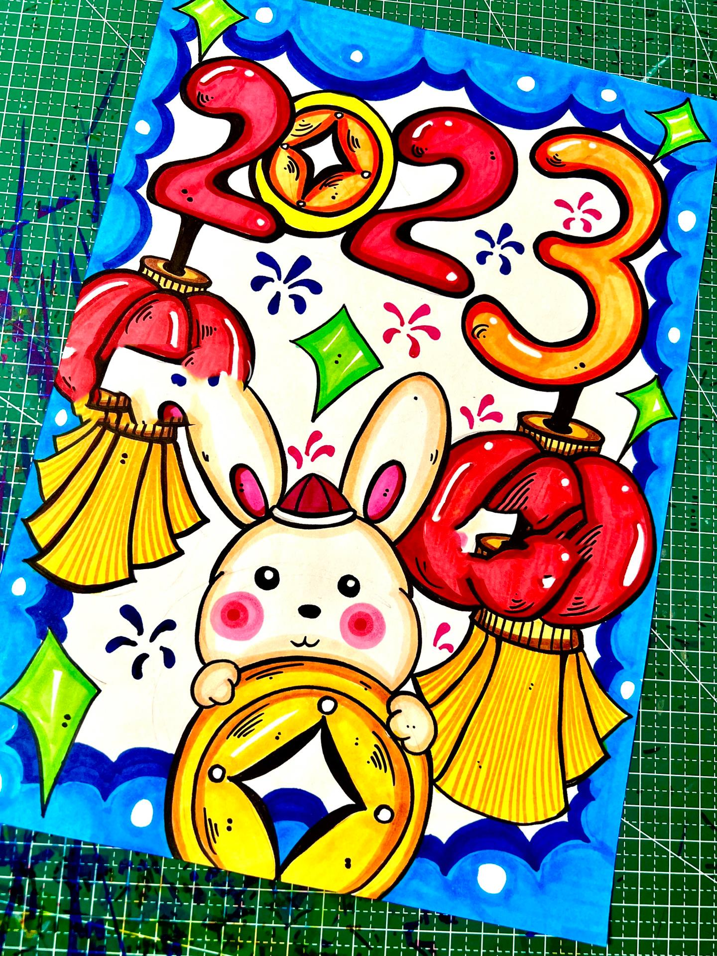 《迎新年兔》77线稿 92适合年龄段:一年级～二年级 新年主题绘画