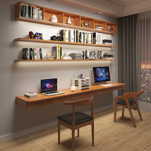 墙上悬空书桌书架家用壁挂一字学习办公双人全实木电脑桌长条定制