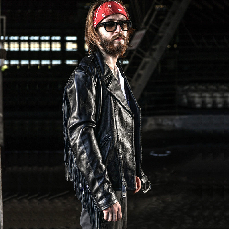 哈雷机车皮衣男摇滚嘻哈流苏腰带真皮皮夹克牛皮斜拉链青年外套潮