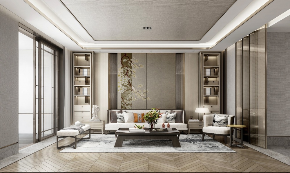 东胜紫御府轻奢新中式客厅窗帘中式现代客厅设计图片赏析